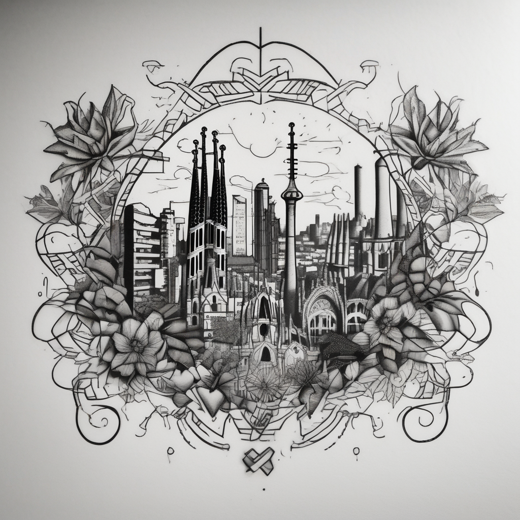 Barcelona cityscape, Spanish plants, leg sleeve half sleeve tattoos for men, design de tatouage Blackwork généré par IA